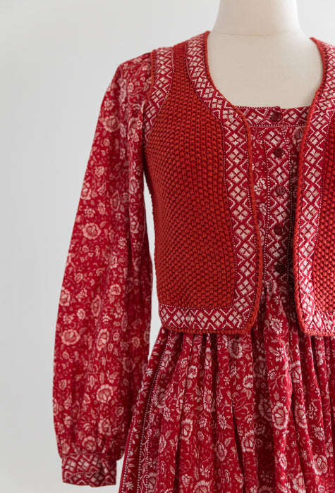 Rare 1970's Ritu Kumar For Judith Ann Indian Floral Print Cotton Dress & Jacket / Small