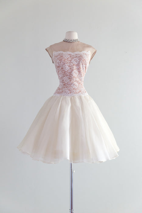 1950's Lilli Diamond Silk Organza Illusion Lace Cocktail Dress / Waist 28