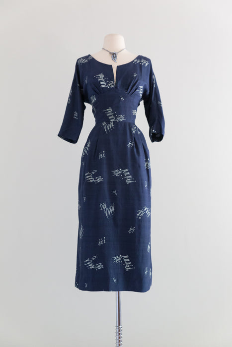 Elegant 1950's Navy Blue Silk Dress With Abstract Print / Waist 30"