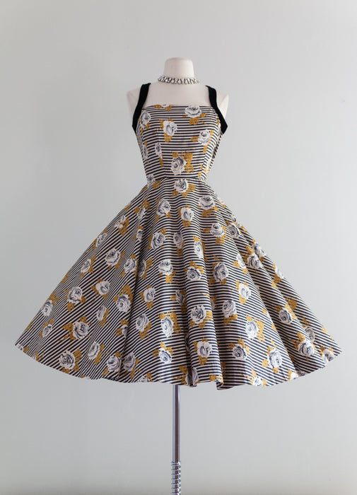 Fabulous 1950's Alex Coleman Striped Rose Print Cotton Dress / Waist 24