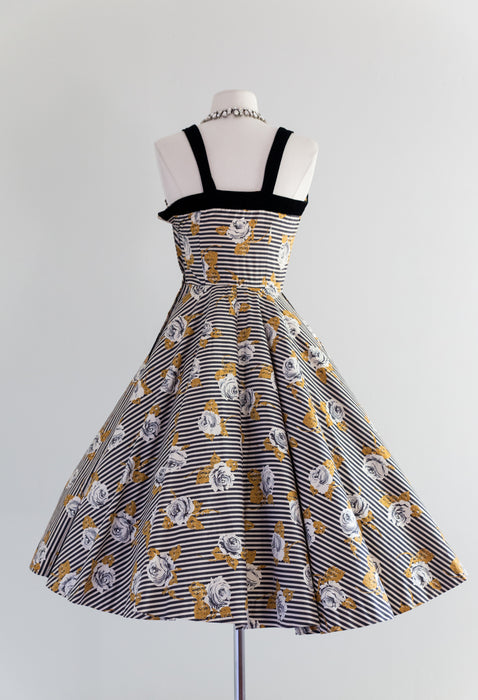 Fabulous 1950's Alex Coleman Striped Rose Print Cotton Dress / Waist 24