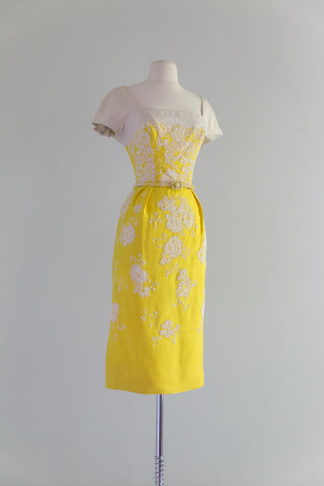 Exquisite 1950's Lemon Yellow Silk Beaded Cocktail Dress / Waist 29