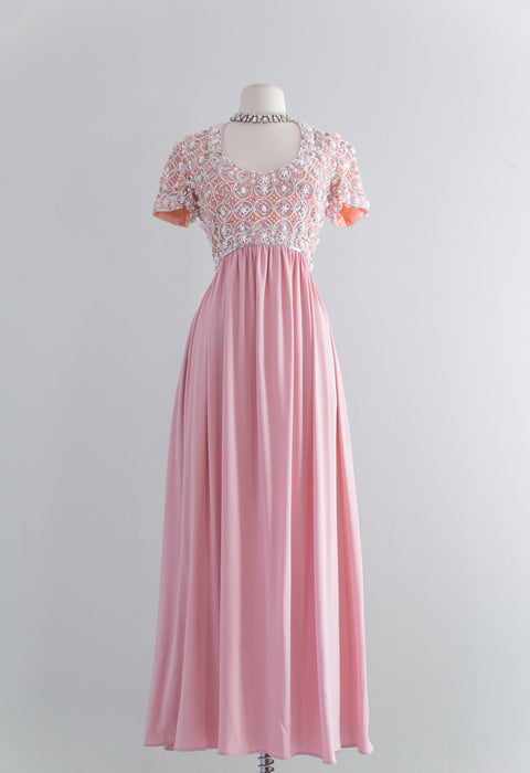 Exquisite 1960's Rose Pink Beaded Evening Gown / Medium