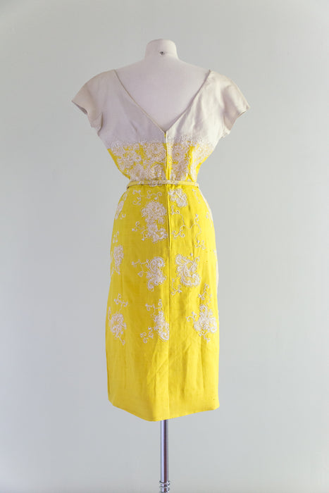 Exquisite 1950's Lemon Yellow Silk Beaded Cocktail Dress / Waist 29