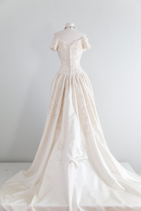 Vintage 1950's Silk Princess Wedding With Alencon Lace & Pearls / Waist 26