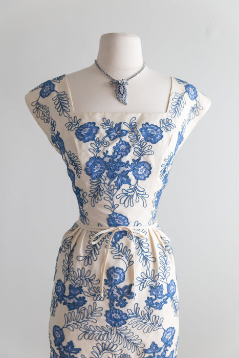Stunning 1950's Blue and White Lace Cocktail Dress From Razooks / Waist 29"