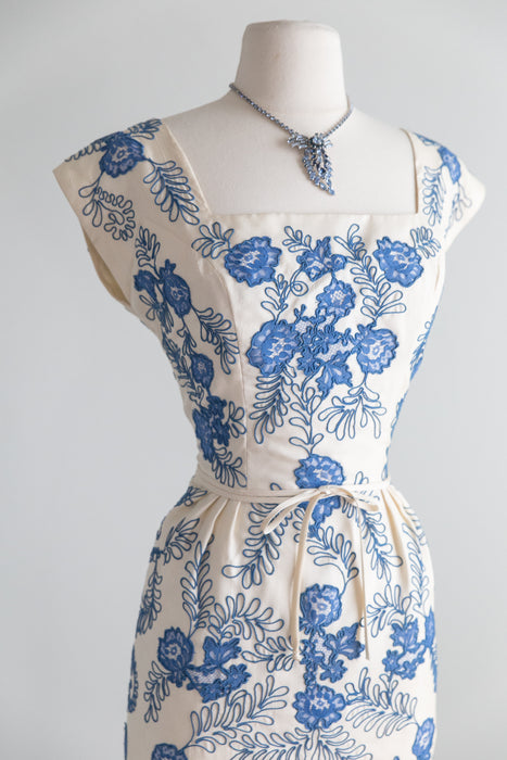 Stunning 1950's Blue and White Lace Cocktail Dress From Razooks / Waist 29"