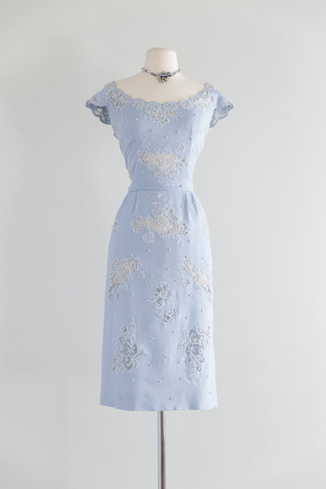 Exquisite 1950's Powder Blue Linen Cutout Lace Cocktail Dress From Saks Fifth Ave.  / Waist 29"