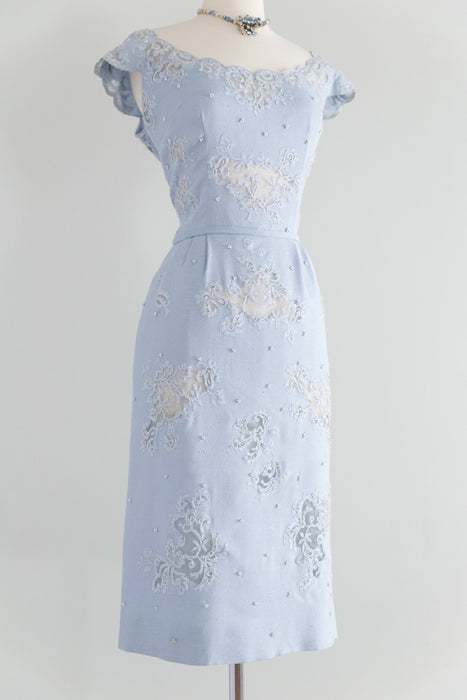Exquisite 1950's Powder Blue Linen Cutout Lace Cocktail Dress From Sak Xtabay Vintage Exquisite 1950's Powder Blue Linen Cutout Lace Cocktail Dress From Sak Xtabay Vintage