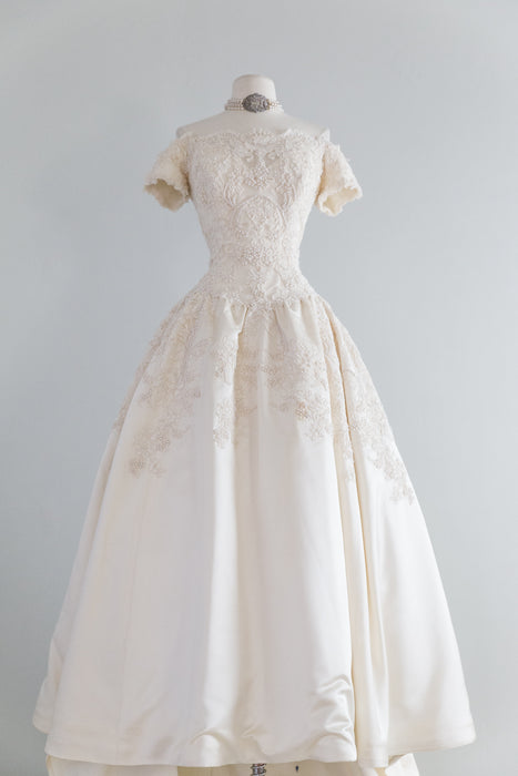 Vintage 1950's Silk Princess Wedding With Alencon Lace & Pearls / Waist 26