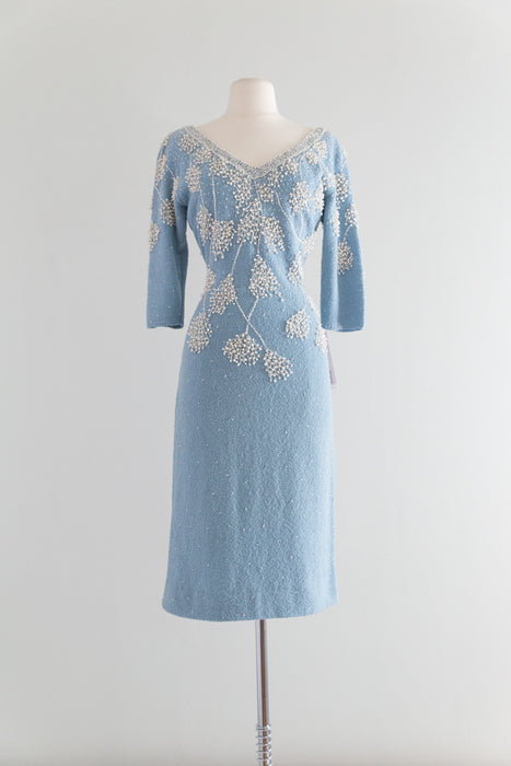 Stunning Late 1950's Gene Shelly Pale Blue Beaded Knit Dress / Medium