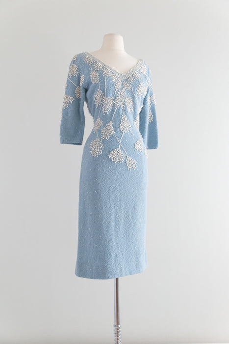 Stunning Late 1950's Gene Shelly Pale Blue Beaded Knit Dress / Medium