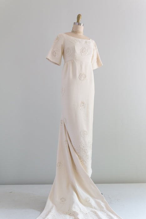 Elegant 1960's Empire Waist Ivory Linen Wedding Gown With Lace and Train / Small