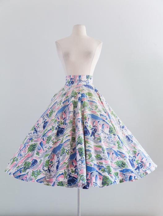 1950's Novelty Print Cotton Circle Skirt With Southwestern Motif / Waist 24
