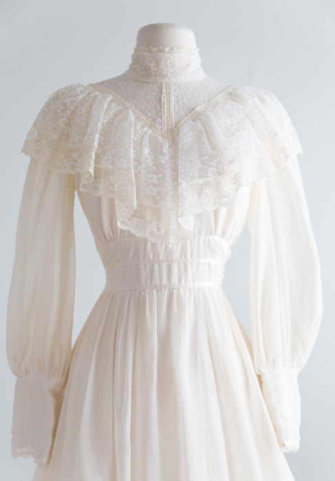 Romantic 1970s Ivory Cotton Voile and Lace Edwardian Style Gown / XS