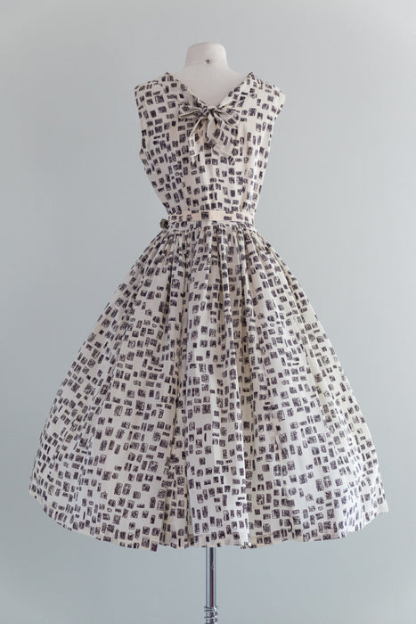 1950's Abstract Black And White Box Print Rayon Day Dress / Waist 26"