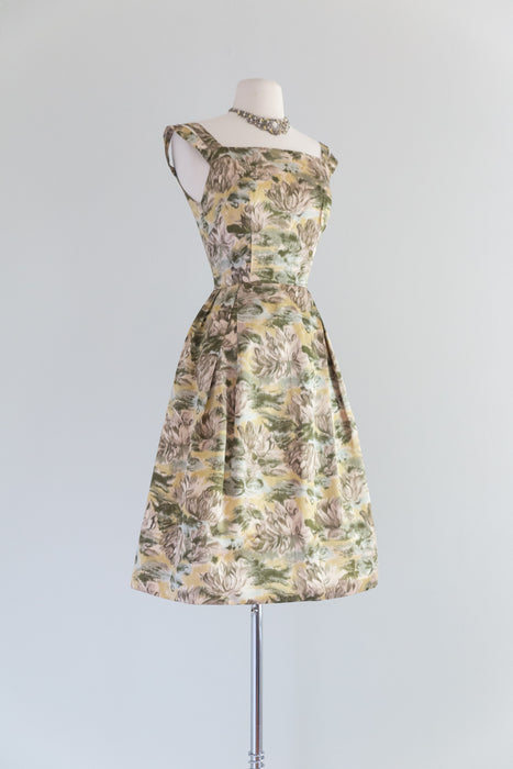 Elegant 1950's Silk Watercolor Print Cocktail Dress / Waist 27
