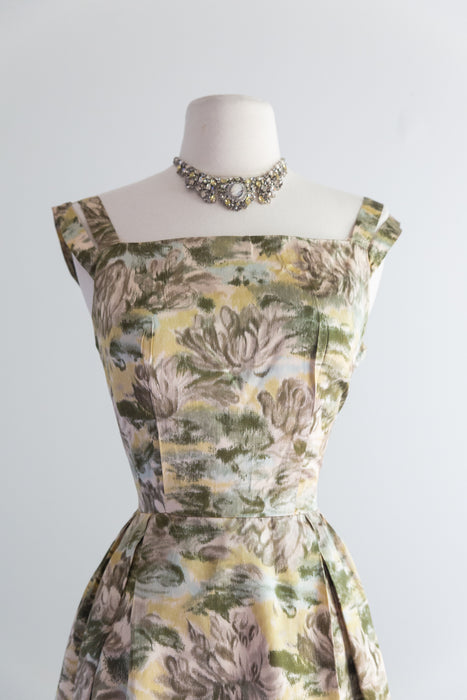 Elegant 1950's Silk Watercolor Print Cocktail Dress / Waist 27