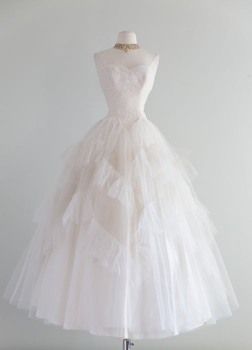 Ethereal Vintage 1950's Strapless Tulle and Lace Wedding Gown With Bolero Jacket  / Waist 25