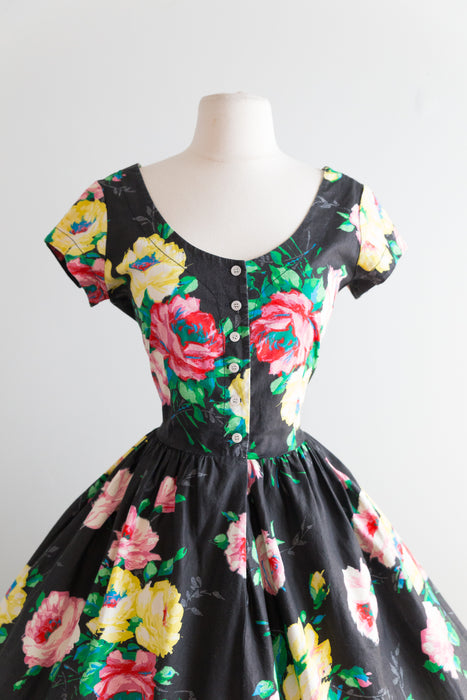 Vintage 1980's Lush Dark Floral Cotton Dress With Full Skirt / Waist 30