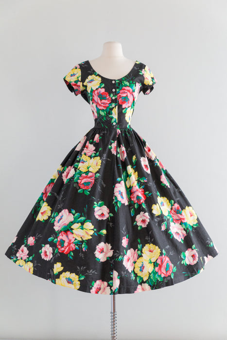 Vintage 1980's Lush Dark Floral Cotton Dress With Full Skirt / Waist 30