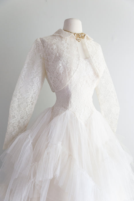 Ethereal Vintage 1950's Strapless Tulle and Lace Wedding Gown With Bolero Jacket  / Waist 25