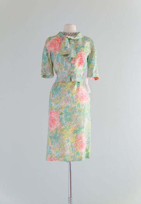 Late 1950's Pink Rose Print Silk Dress & Jacket By Abe Schrader / Waist 30"