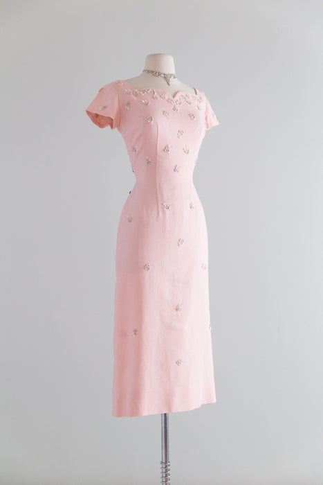 Stunning 1950's Pink Linen Cocktail Dress From Razooks / Waist 28"