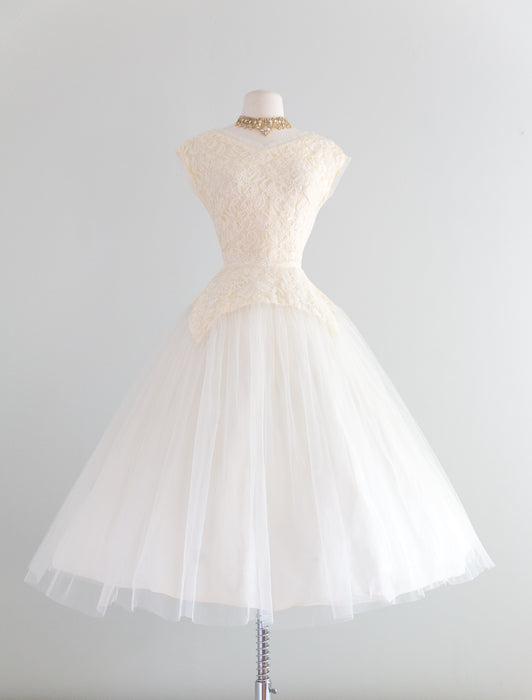 Vintage 1950's Ivory Tulle and Lace Tea Length Wedding Dress / Waist 26