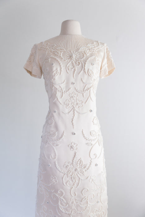 Exquisite 1960's Hand Beaded Silk Wedding Gown / Medium