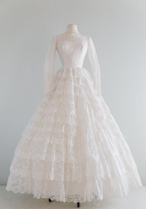 Vintage 1950's Tiered Lace Princess Wedding Dress by Bridal Originals / Waist 24