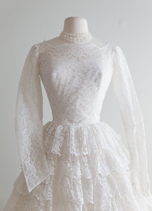 Vintage 1950's Tiered Lace Princess Wedding Dress by Bridal Originals / Waist 24