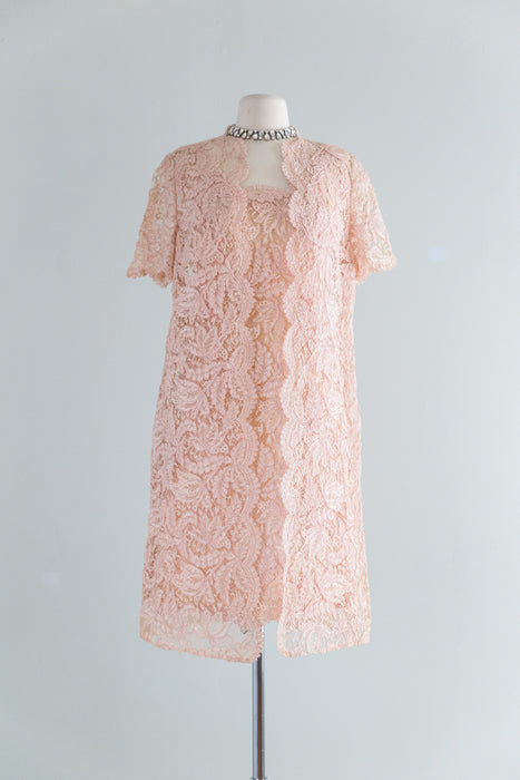 Gorgeous Early 1960's Pink Alencon Lace Dress & Jacket Set / Medium