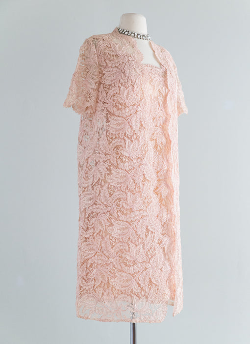 Gorgeous Early 1960's Pink Alencon Lace Dress & Jacket Set / Medium