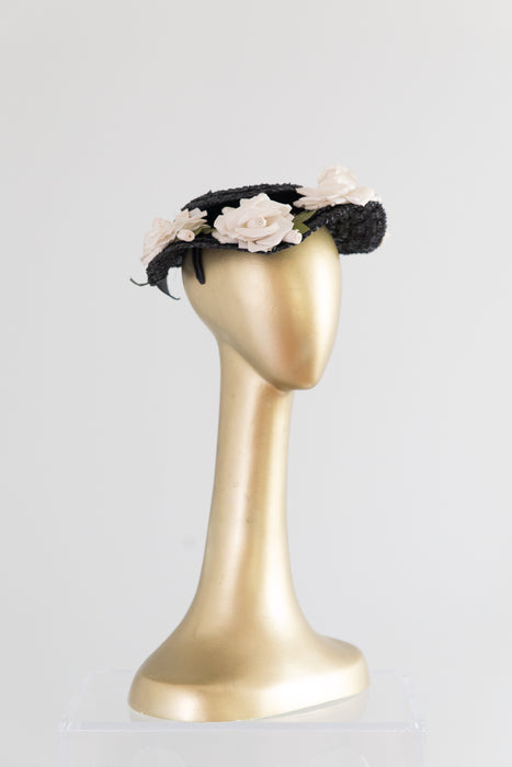 1950's Perfect Mary Poppins Hat Black Straw With White Roses