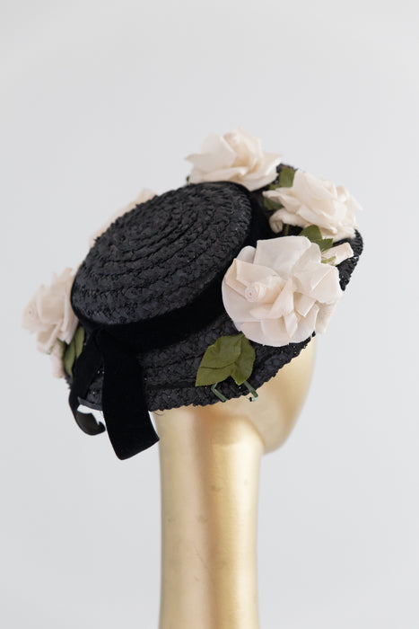 1950's Perfect Mary Poppins Hat Black Straw With White Roses