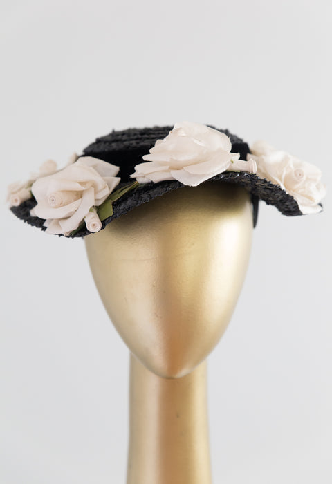 1950's Perfect Mary Poppins Hat Black Straw With White Roses