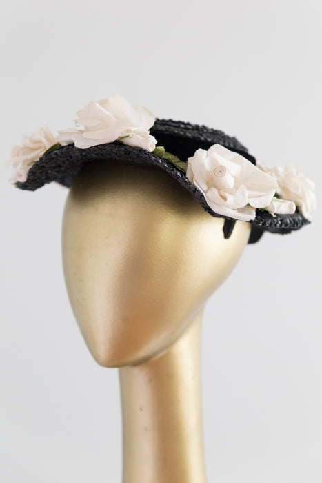1950's Perfect Mary Poppins Hat Black Straw With White Roses