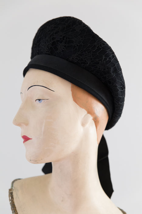 1930's Vintage Knox New York Black Beret With Bow