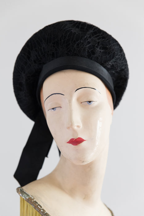 1930's Vintage Knox New York Black Beret With Bow