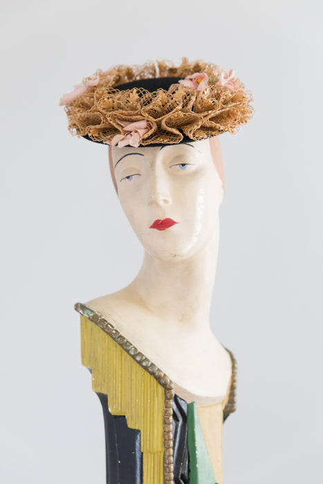 Fabulous 1930's Black Tilt Hat With Straw Trim & Flowers