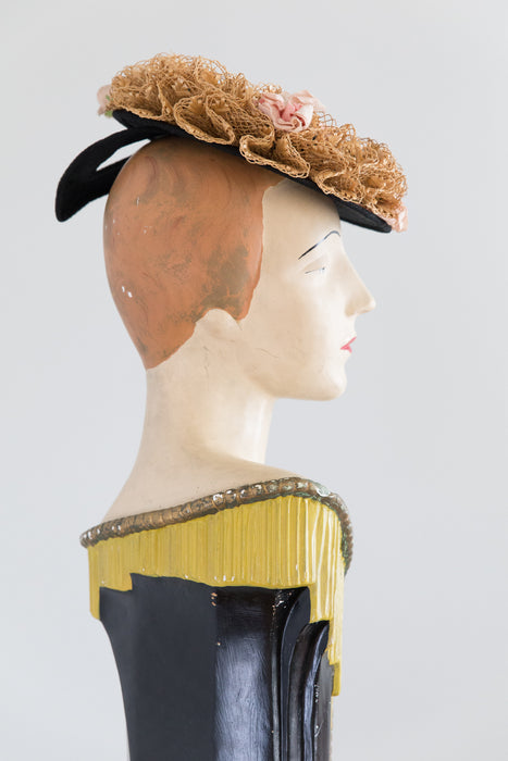 Fabulous 1930's Black Tilt Hat With Straw Trim & Flowers