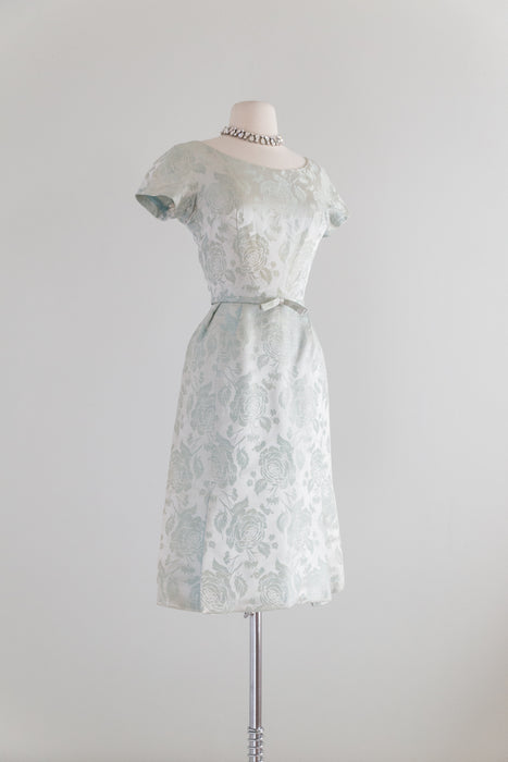 Elegant 1960's Aqua Silk Rose Brocade Cocktail Dress / Waist 26