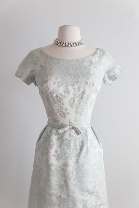 Elegant 1960's Aqua Silk Rose Brocade Cocktail Dress / Waist 26
