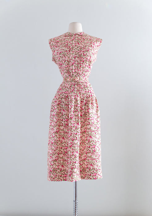 Classic 1950's Silk Floral Print Dress By Tal Saunders / Waist 30"