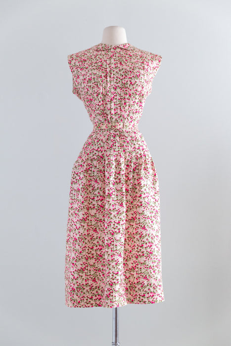 Classic 1950's Silk Floral Print Dress By Tal Saunders / Waist 30"