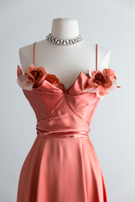 Stunning 1950's Russet Red Satin Evening Gown / Waist 28