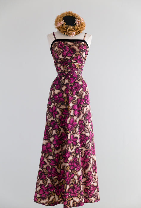Glorious 1930's Floral Print Taffeta Gown With Velvet Trim / Waist 26-28