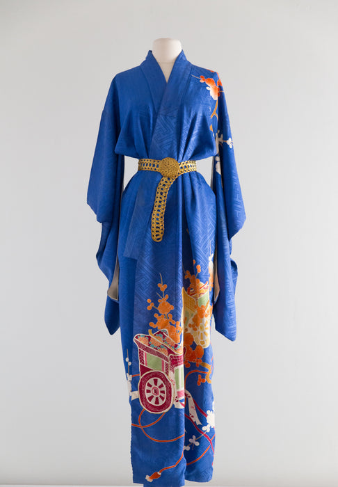 Vintage 1930's Era Royal Blue Silk Kimono Wrapper / OS