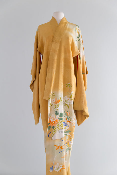 Vintage 1930's Yellow Ochre Silk Kimono Wrapper / OS